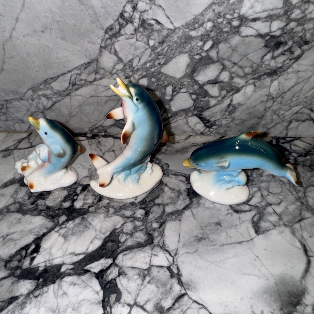 Vintage Bone China Ceramic Porcelain Miniature Dolphin Figurines